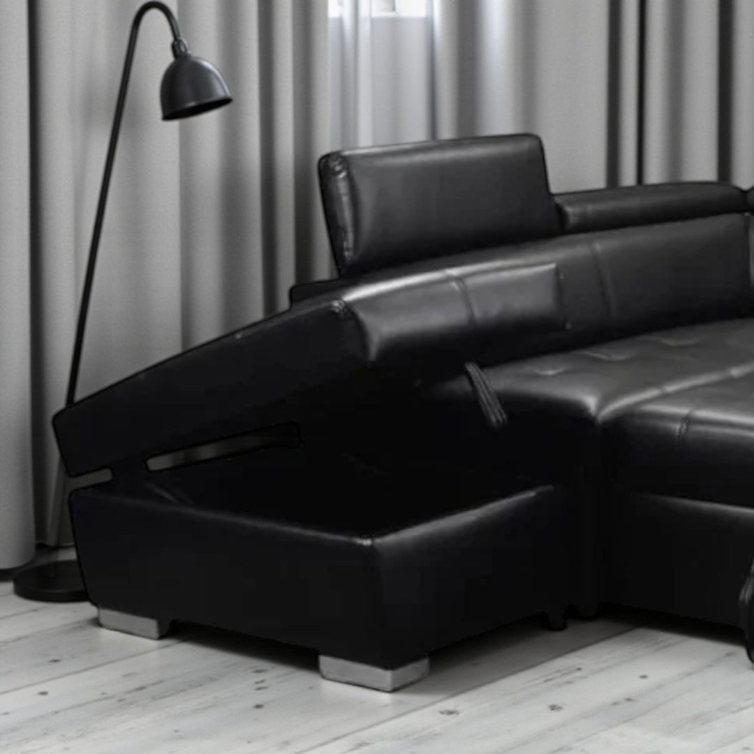 Ewan 4-Piece Sectional Sofa Bed In Air-Leather Upholstery - Black | Available In LHF & RHF Configuration