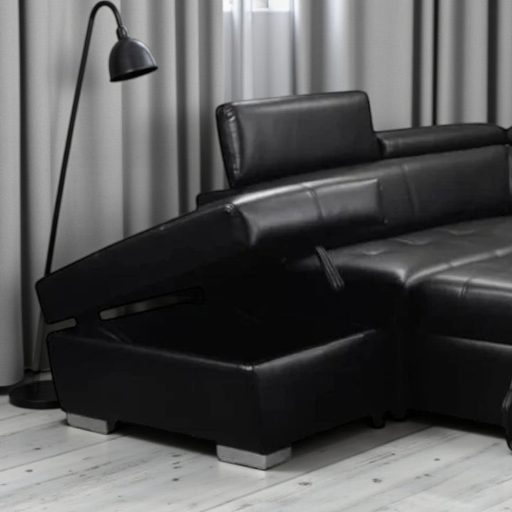 Ewan 4-Piece Sectional Sofa Bed In Air-Leather Upholstery - Black | Available In LHF & RHF Configuration