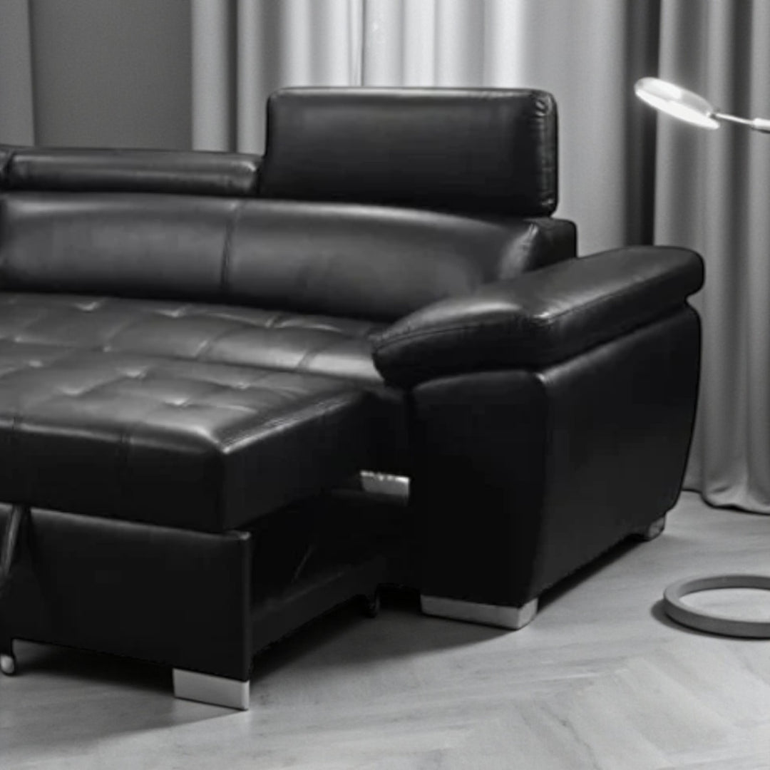 Ewan 4-Piece Sectional Sofa Bed In Air-Leather Upholstery - Black | Available In LHF & RHF Configuration