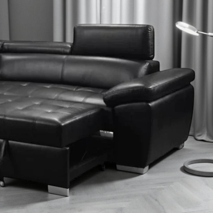 Ewan 4-Piece Sectional Sofa Bed In Air-Leather Upholstery - Black | Available In LHF & RHF Configuration