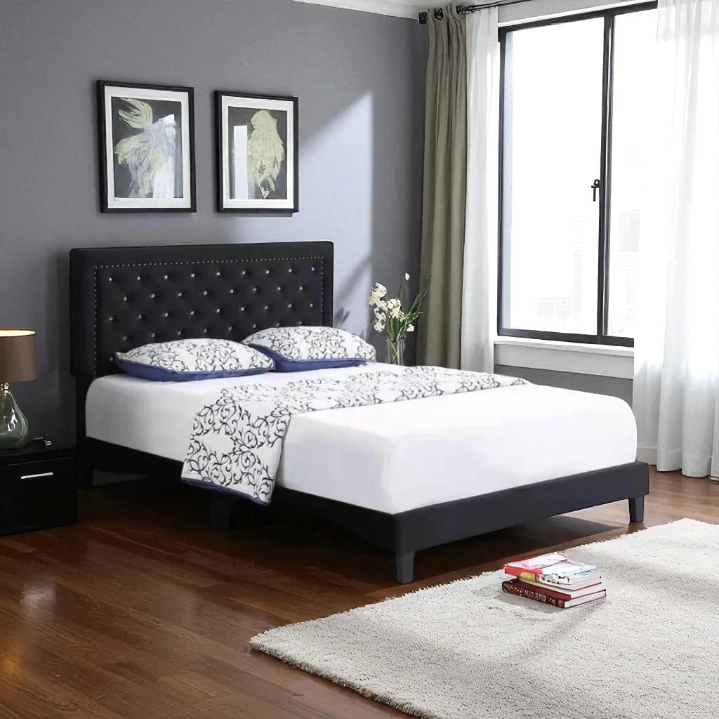 Hadley Velvet Upholstered Platform Bed Frame With Adjustable Headboard - Black