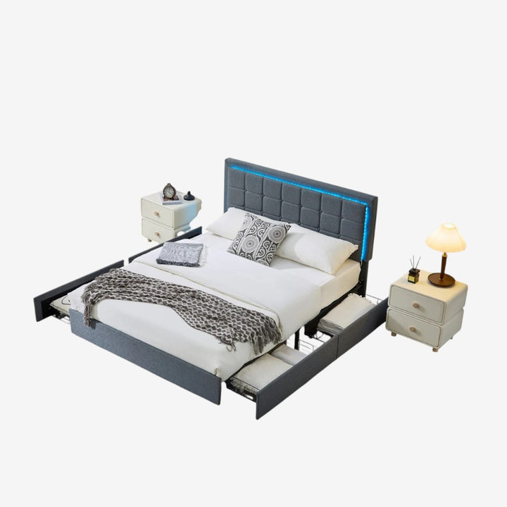 Floris Fabric Upholstered Platform Bed Frame With Power Outlets - Grey
