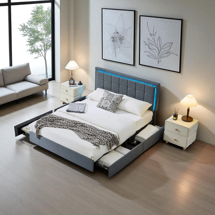 Floris Fabric Upholstered Platform Bed Frame With Power Outlets - Grey