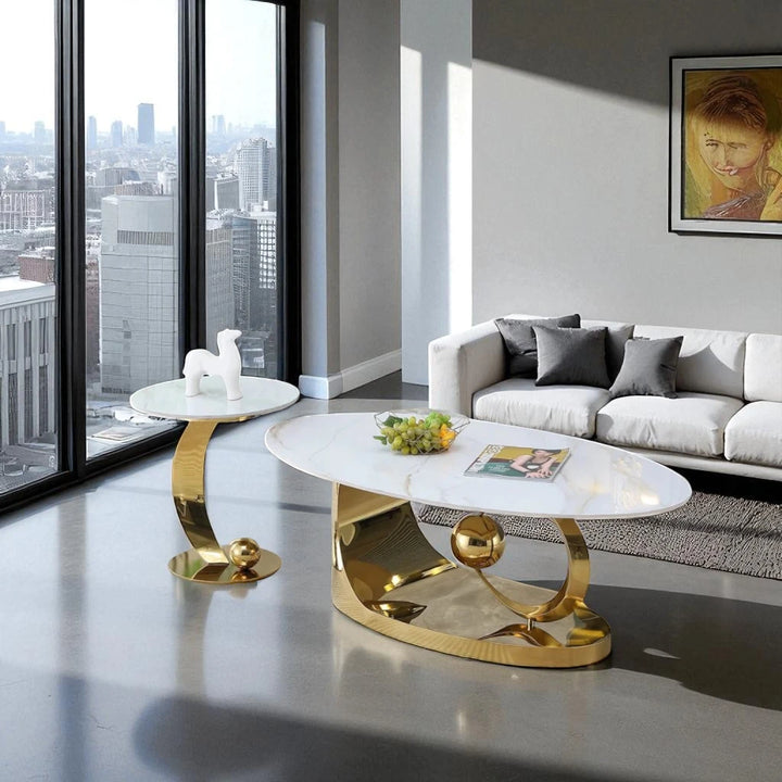 Melody Metallic Coffee Table Set In Polished Gold/ White Finish