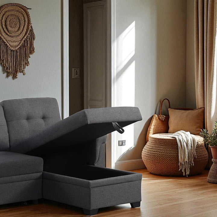 Trenton Sectional Sofa Bed With Reversible Storage Chaise & USB Charging Ports - Grey