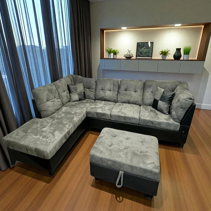 Eva Canapé sectionnel en tissu avec méridienne accoudoir gauche et pouf de rangement – Gris/Noir