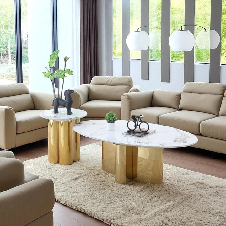 Luna Metallic Coffee Table Set In Polished Gold/ White Finish