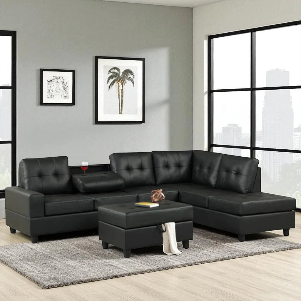 Marcel Leather Upholstered Sectional Sofa With Reversible Chaise - Black