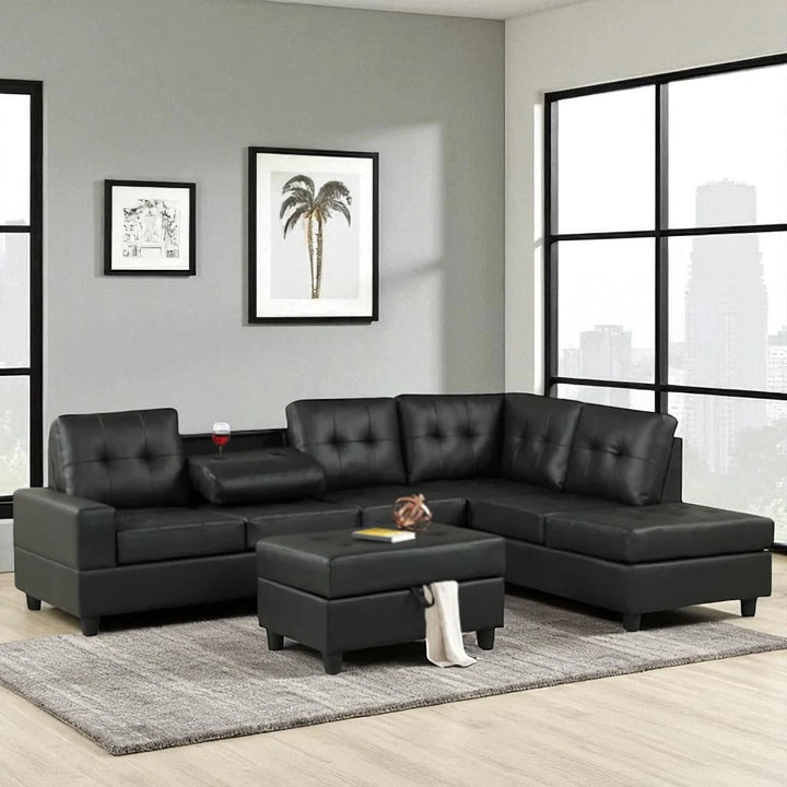 Marcel Leather Upholstered Sectional Sofa With Reversible Chaise - Black