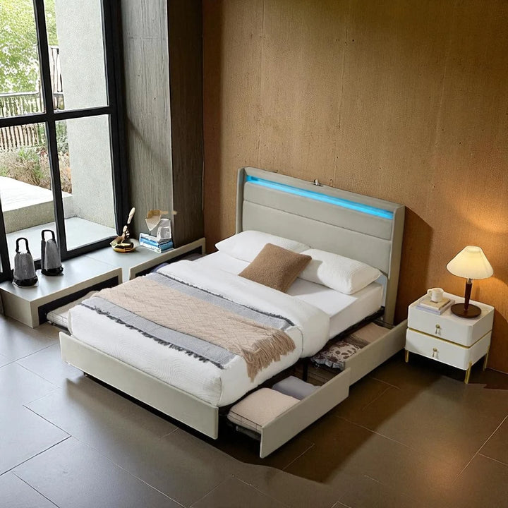 Elvina Fabric Upholstered Platform Bed Frame With USB Charging Ports - Beige