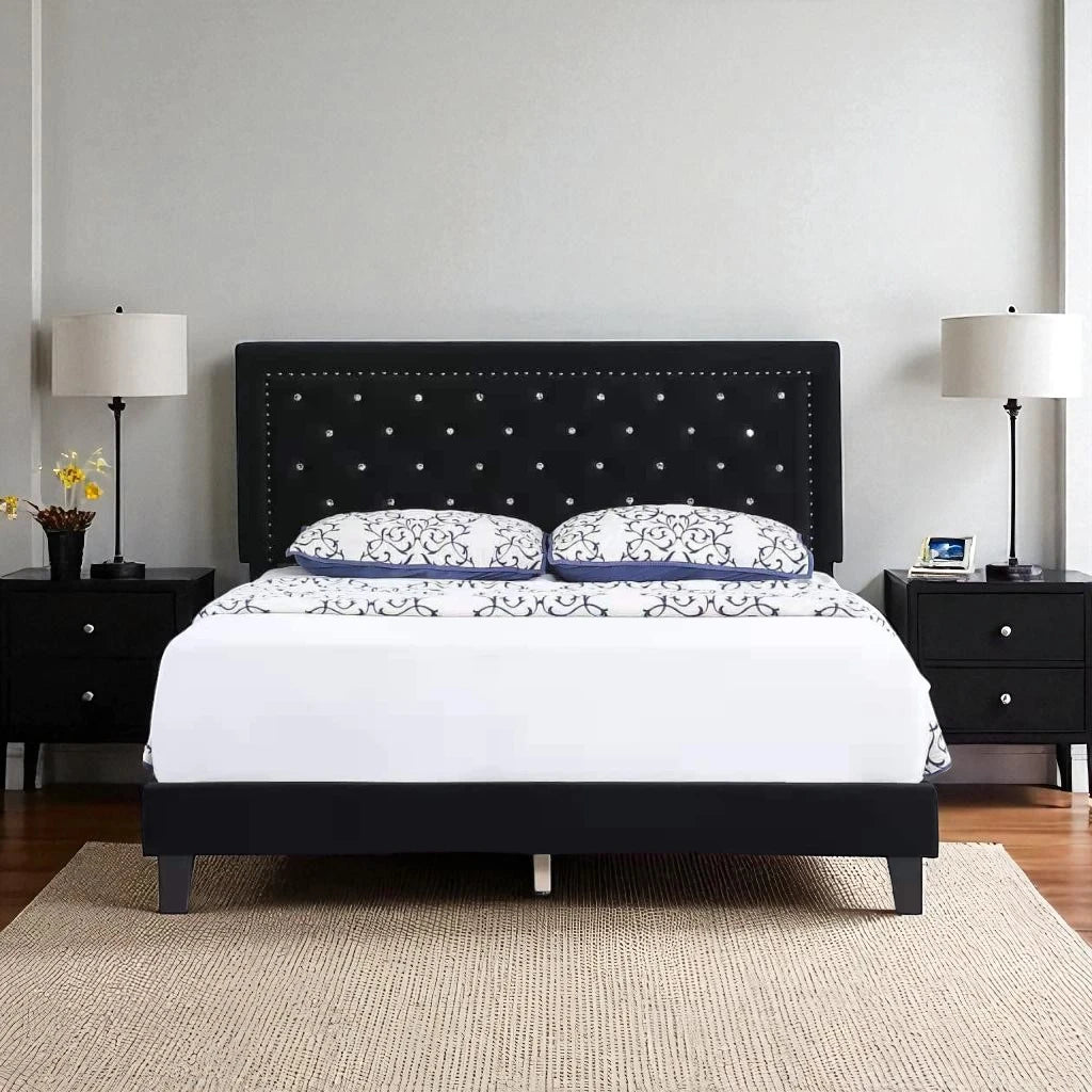 Hadley Velvet Upholstered Platform Bed Frame With Adjustable Headboard - Black