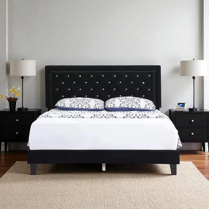 Hadley Velvet Upholstered Platform Bed Frame With Adjustable Headboard - Black