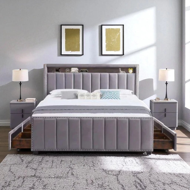 Poppy Fabric Upholstered Platform Bed Frame With USB Charging Ports & Smart Storage - Grey