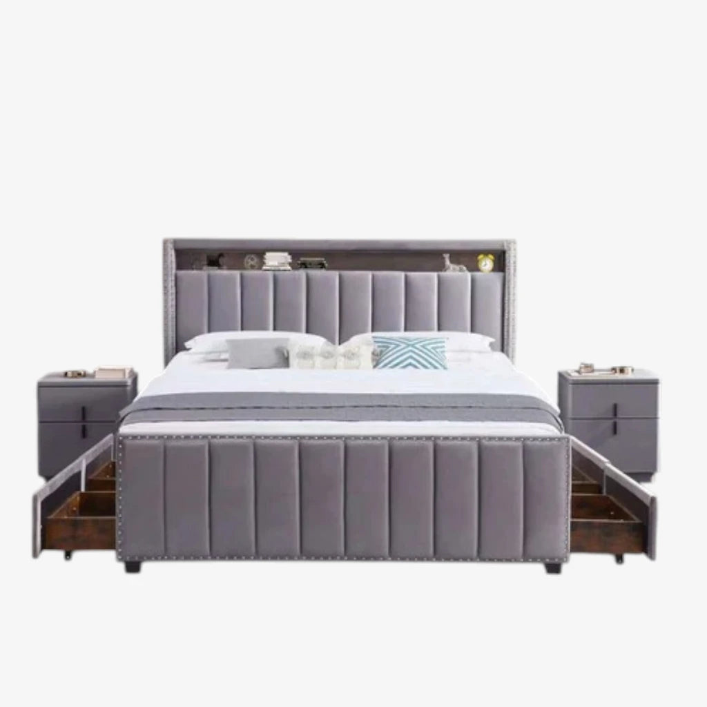 Poppy Fabric Upholstered Platform Bed Frame With USB Charging Ports & Smart Storage - Grey