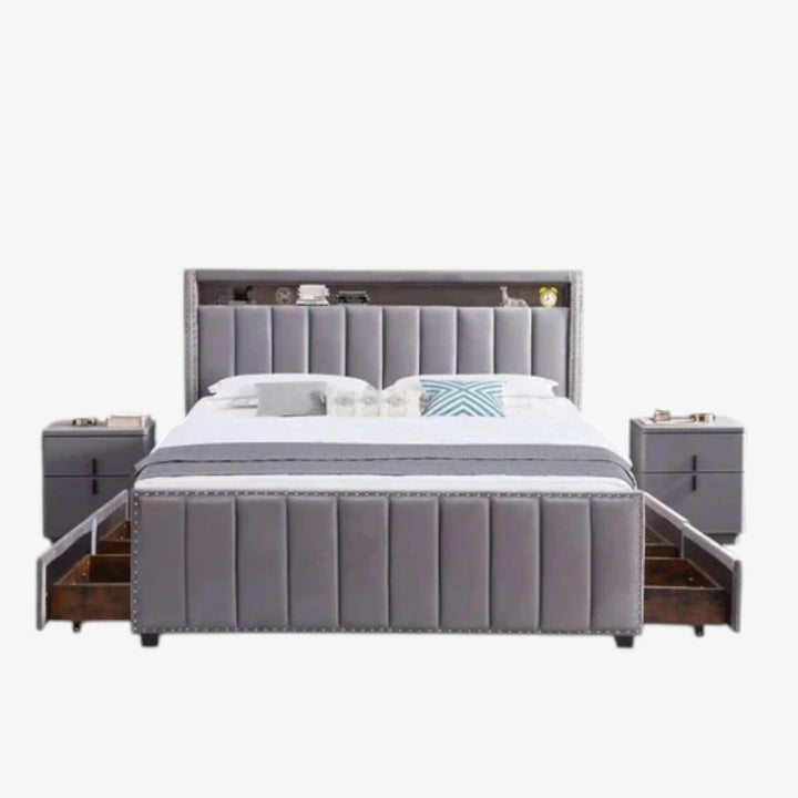 Poppy Fabric Upholstered Platform Bed Frame With USB Charging Ports & Smart Storage - Grey