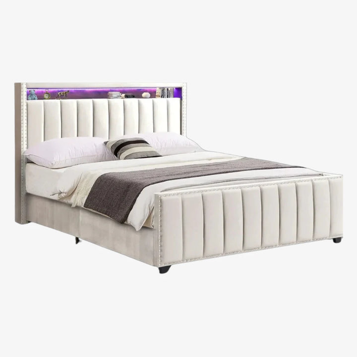 Poppy Fabric Upholstered Platform Bed Frame With USB Charging Ports & Smart Storage - Beige