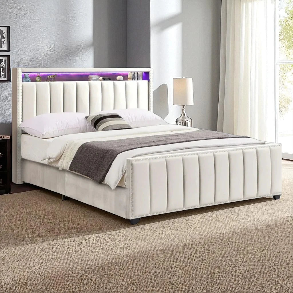 Poppy Fabric Upholstered Platform Bed Frame With USB Charging Ports & Smart Storage - Beige
