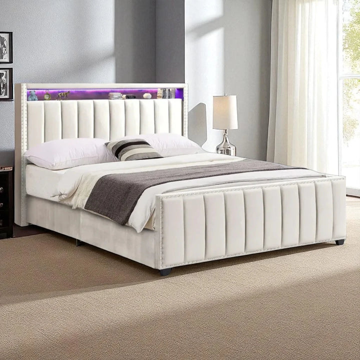 Poppy Fabric Upholstered Platform Bed Frame With USB Charging Ports & Smart Storage - Beige