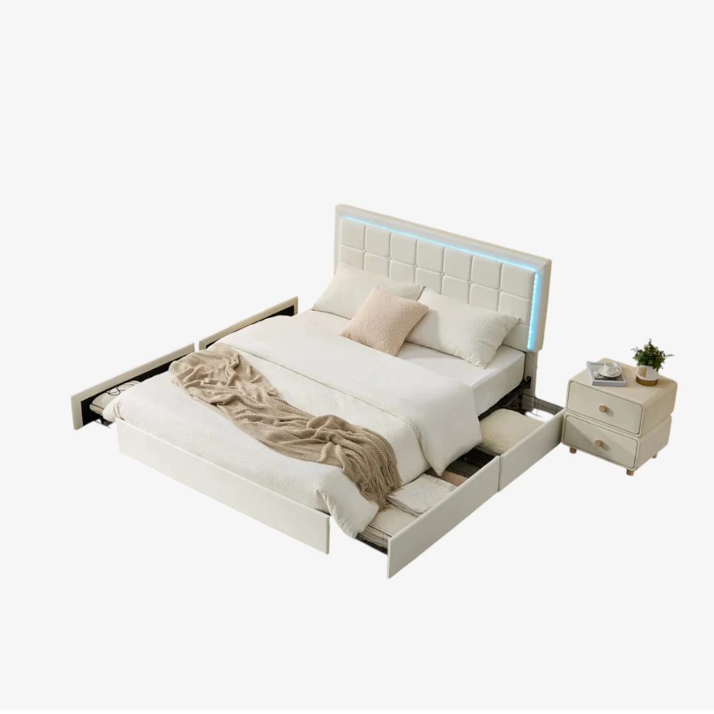 Floris PU Upholstered Platform Bed Frame With Power Outlets - White
