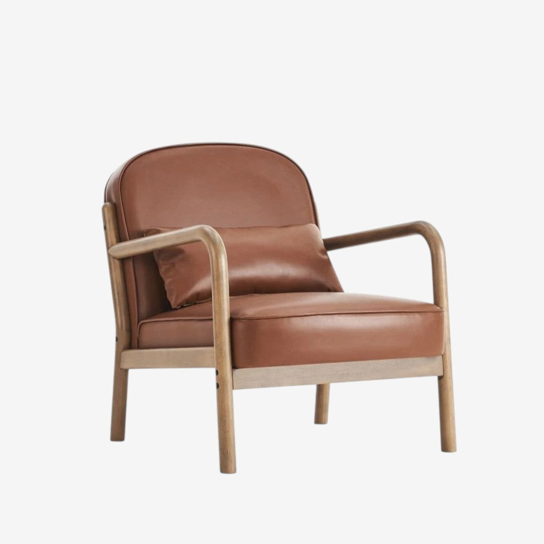 Bruno Wooden Accent Chair in Leather Upholstery - Saddle/ Walnut