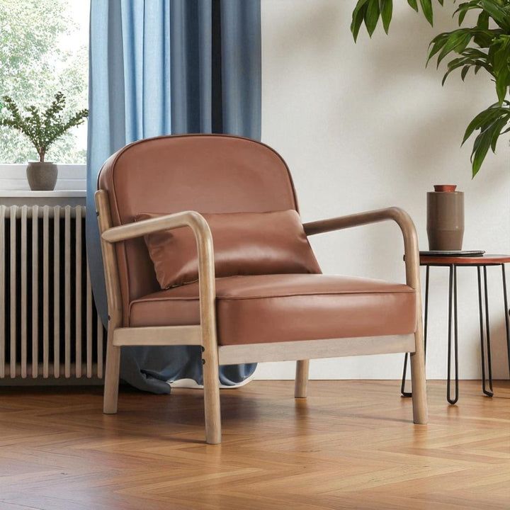 Bruno Wooden Accent Chair in Leather Upholstery - Saddle/ Walnut