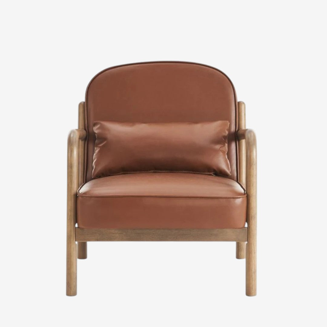 Bruno Wooden Accent Chair in Leather Upholstery - Saddle/ Walnut