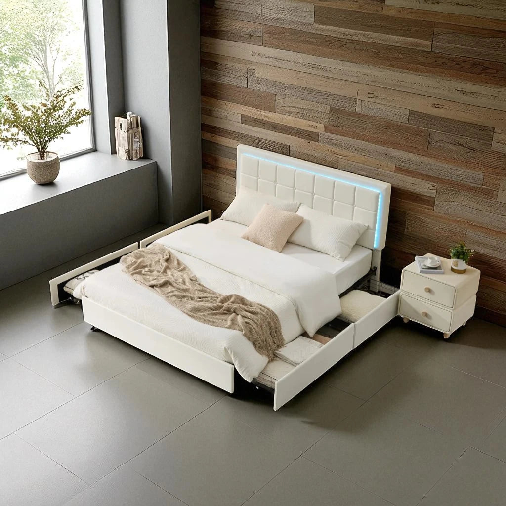 Floris PU Upholstered Platform Bed Frame With Power Outlets - White