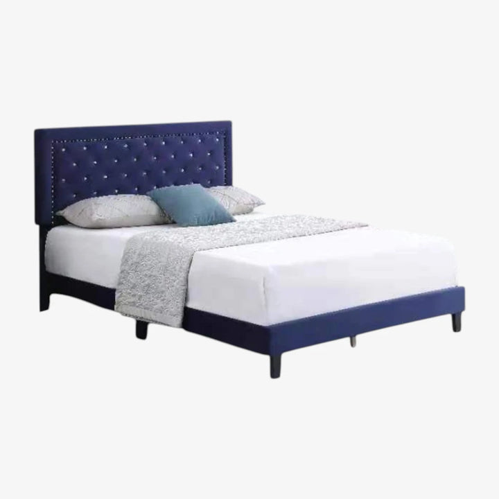 Hadley Velvet Upholstered Platform Bed Frame With Adjustable Headboard - Blue
