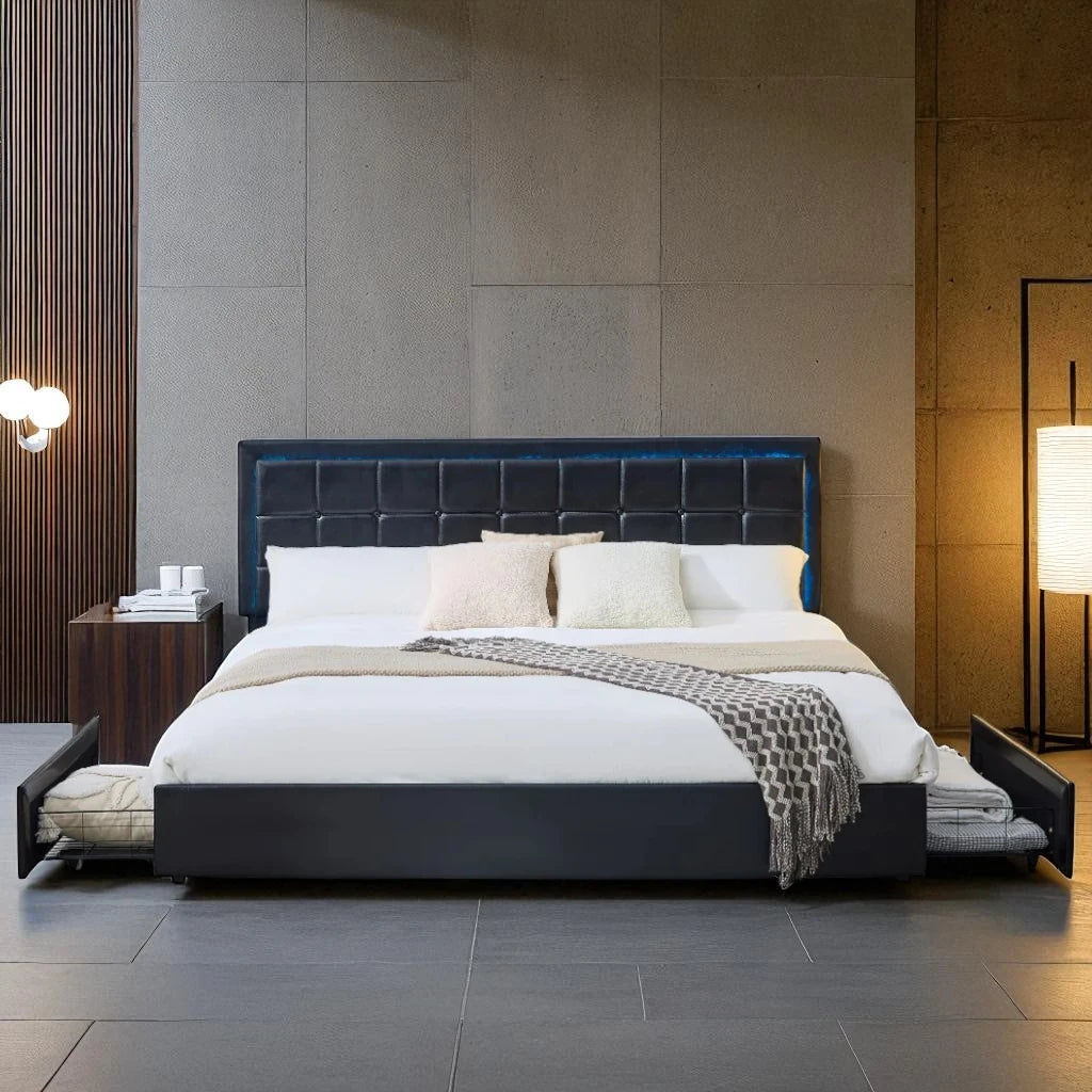 Floris PU Upholstered Platform Bed Frame With Power Outlets - Black