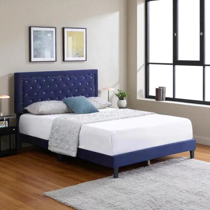 Hadley Velvet Upholstered Platform Bed Frame With Adjustable Headboard - Blue