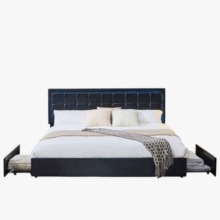 Floris PU Upholstered Platform Bed Frame With Power Outlets - Black