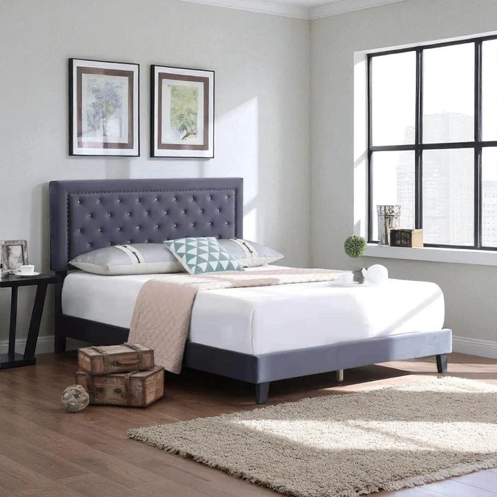 Hadley Velvet Upholstered Platform Bed Frame With Adjustable Headboard - Grey