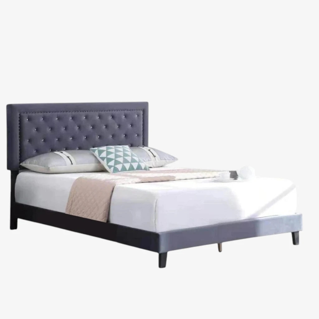 Hadley Velvet Upholstered Platform Bed Frame With Adjustable Headboard - Grey