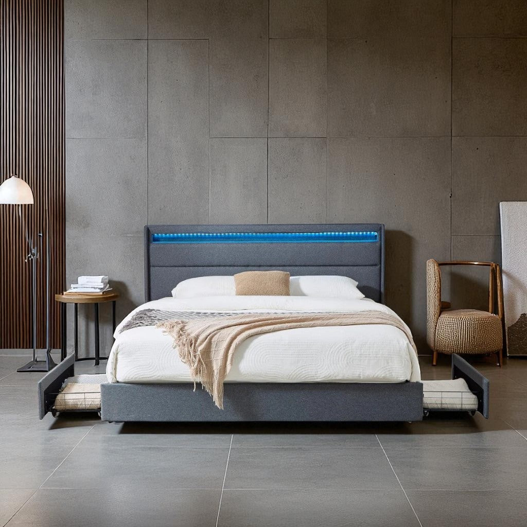 Elvina Fabric Upholstered Platform Bed Frame With USB Charging Ports - Grey