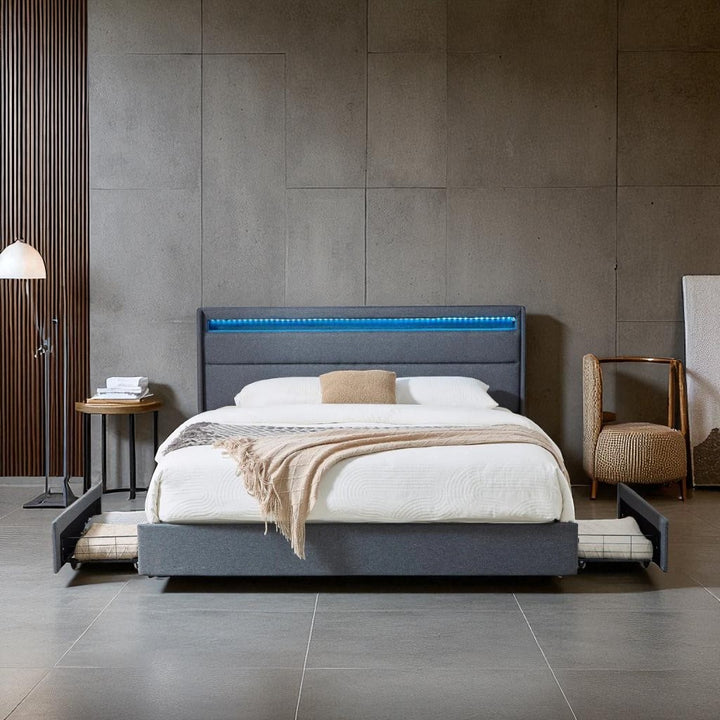 Elvina Fabric Upholstered Platform Bed Frame With USB Charging Ports - Grey