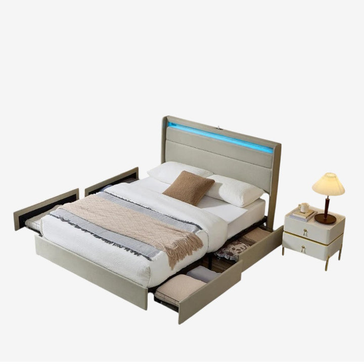 Elvina Fabric Upholstered Platform Bed Frame With USB Charging Ports - Beige