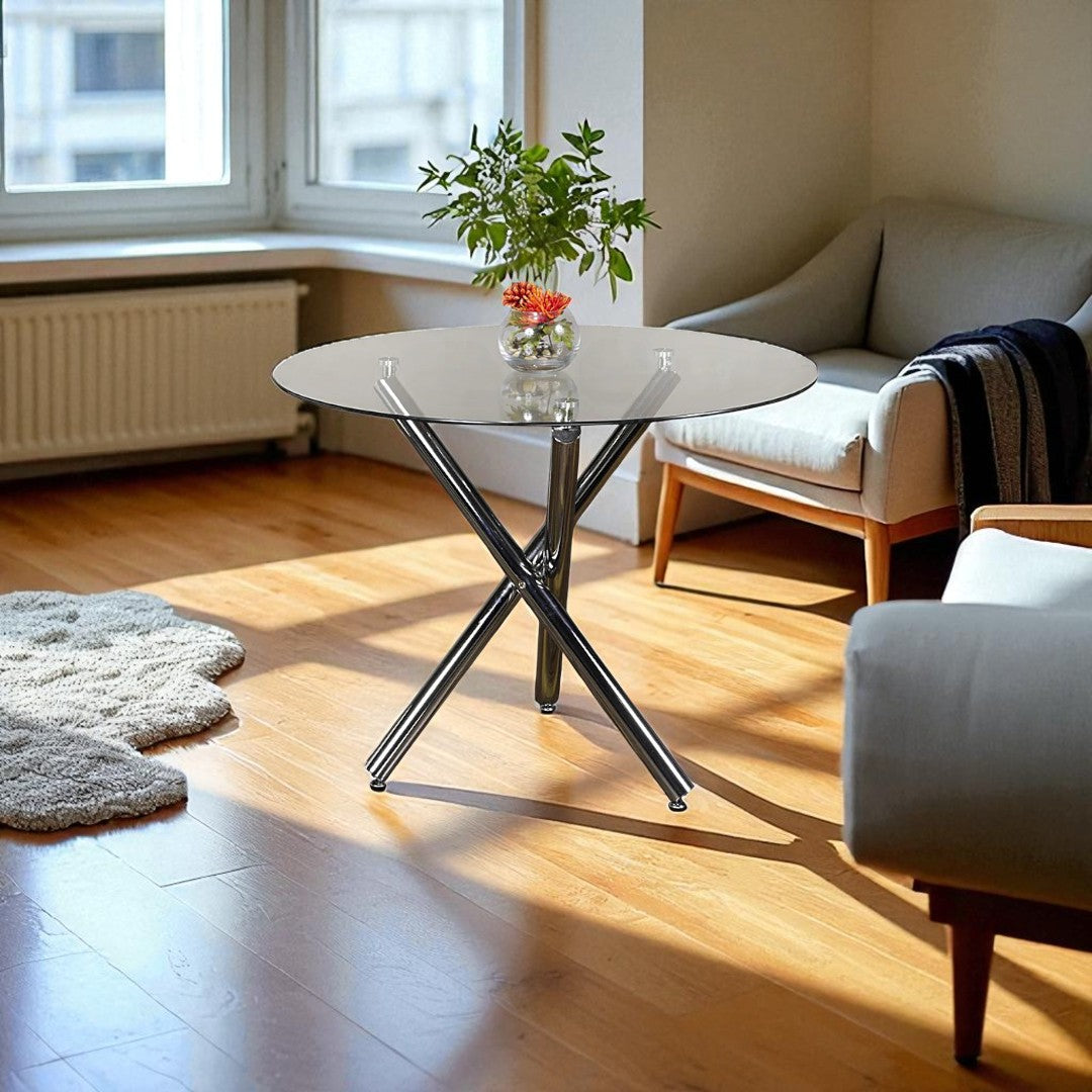 Montreal Metallic Dining Table With Tempered Glass Top - Chrome - Close-Up Detail