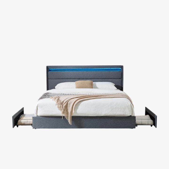 Elvina Fabric Upholstered Platform Bed Frame With USB Charging Ports - Grey