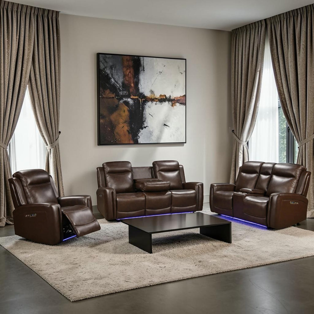 Starbit 3-Piece Power Recliner Set In Leather Upholstery - Brown