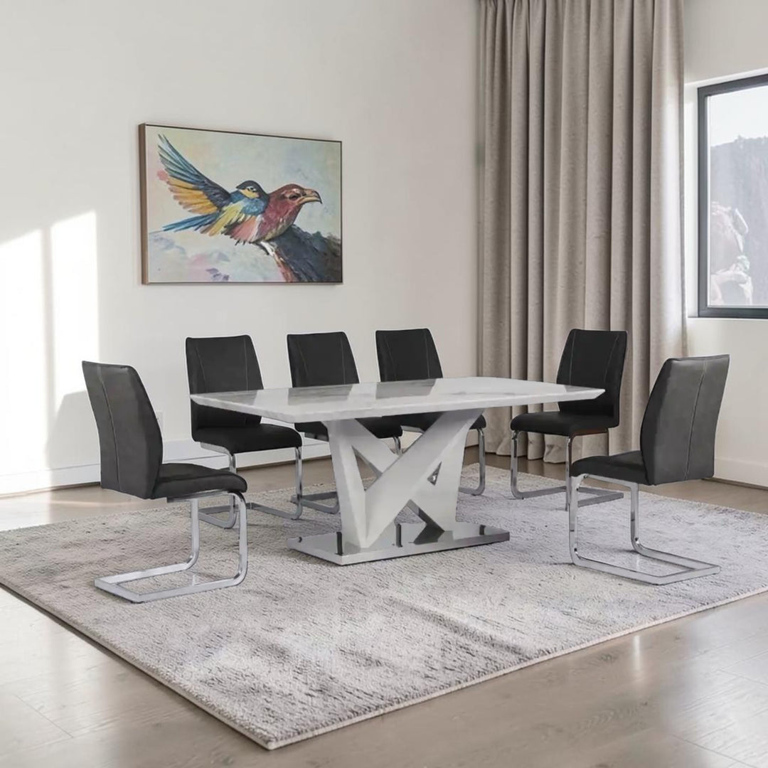 Gianna Dining Table Set For 6 With Leather Upholstered Chairs - Black/ Chrome