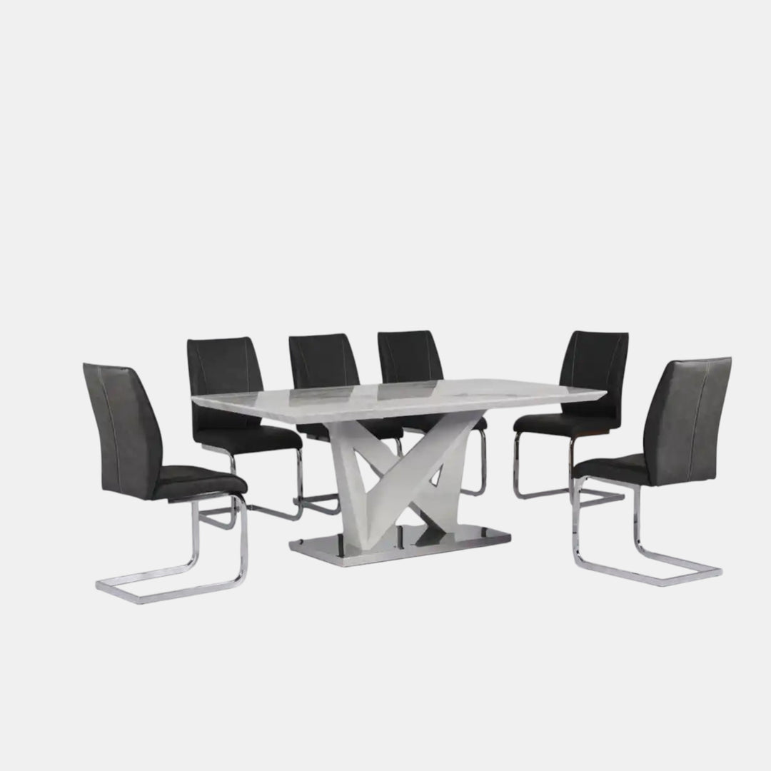 Gianna Dining Table Set For 6 With Leather Upholstered Chairs - Black/ Chrome