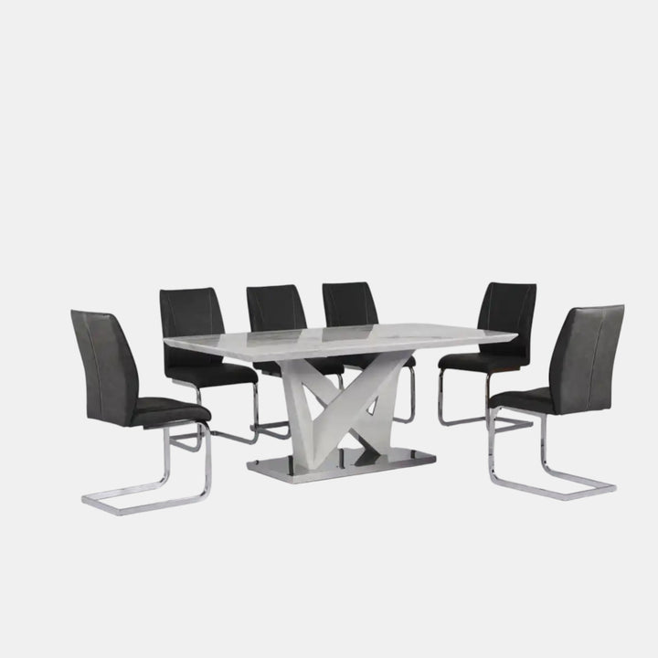 Gianna Dining Table Set For 6 With Leather Upholstered Chairs - Black/ Chrome