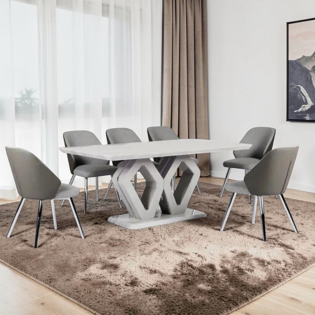 Villas Wooden Dining Table Set For 6 With Tempered Glass Top - Grey/ White