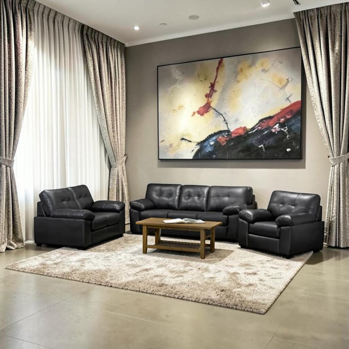 Diora 3-Piece Sofa Set In Leather Upholstery - Black