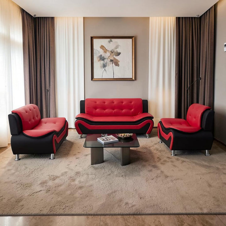 Ember Timeless 3-Piece Sofa Set In Faux Leather Upholstery - Red/ Black