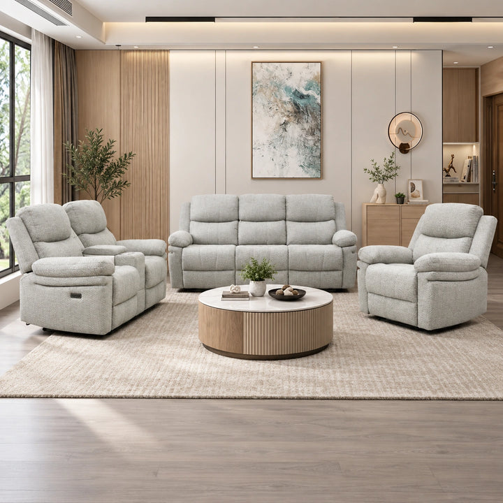 Menson 3-Piece Beige Power Recliner Set in Fabric Upholstery
