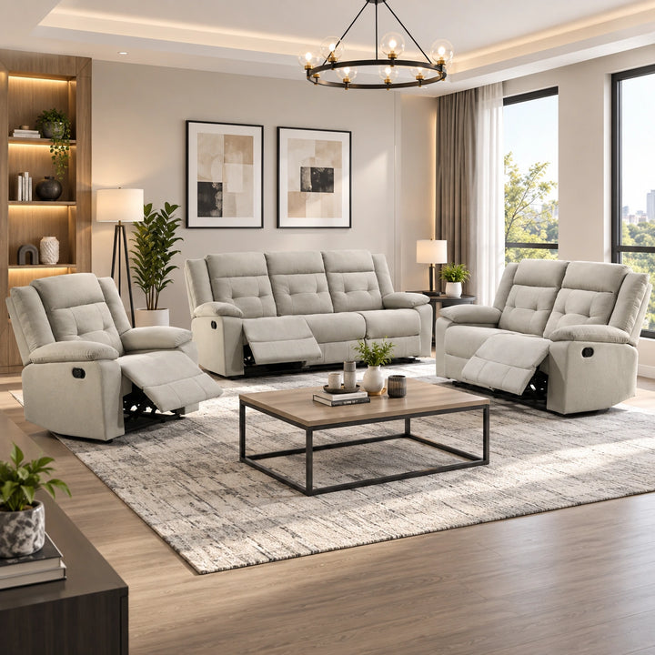 Mason Beige 3-Piece Manual Recliner Set In Fabric Upholstery