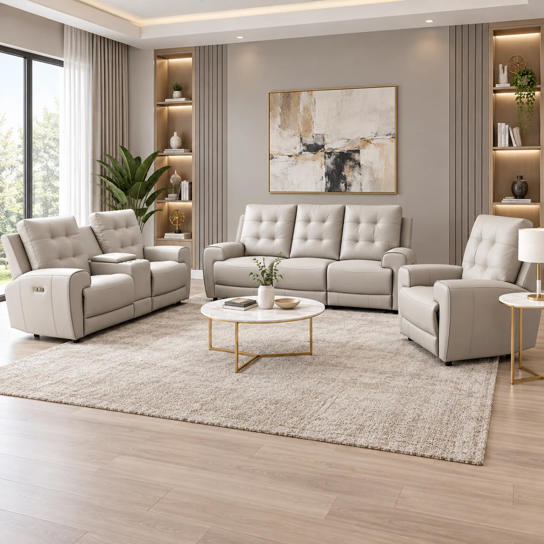 Nolan Taupe 3-Piece Power Recliner Set In Aire-Leather Upholstery