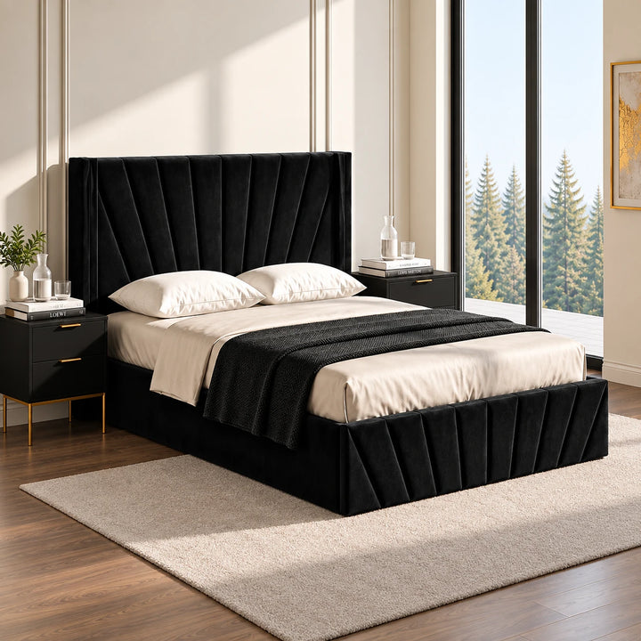Konas Black Velvet Upholstered Smart Storage Platform Bed Frame