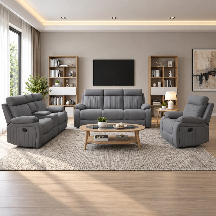 Phantom 3-Piece Grey Manual Recliner Set in Fabric Upholstery